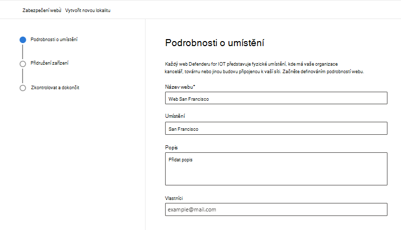 Snímek obrazovky zobrazující podrobnosti o vytvoření nového webu na stránce Zabezpečení webu Microsoft Defender pro IoT na portálu Microsoft Defender