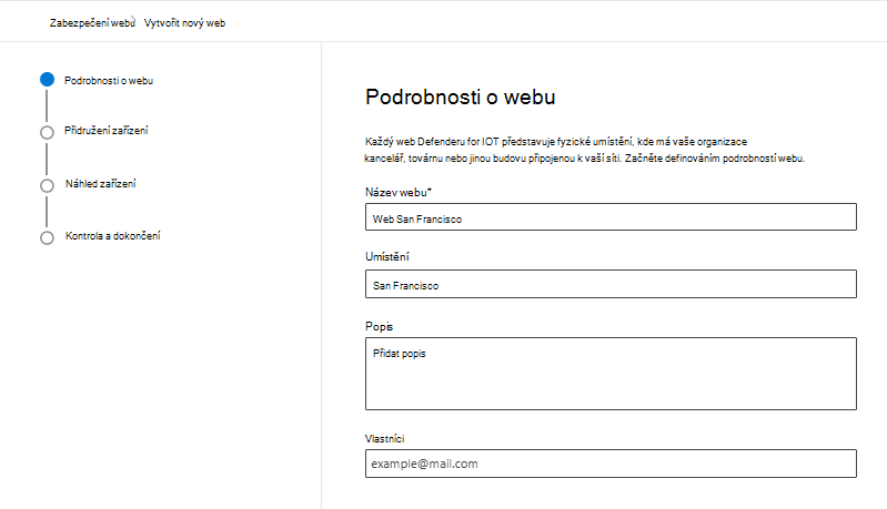 Snímek obrazovky zobrazující podrobnosti o vytvoření nového webu na stránce Zabezpečení webu Microsoft Defender pro IoT na portálu Microsoft Defender