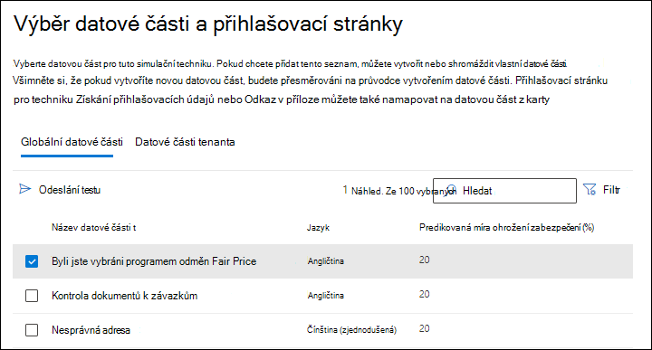 Karta Globální datové části na stránce Vybrat datovou část s vybranou datovou částí a akcí Odeslat test v Simulační nácvik útoku.