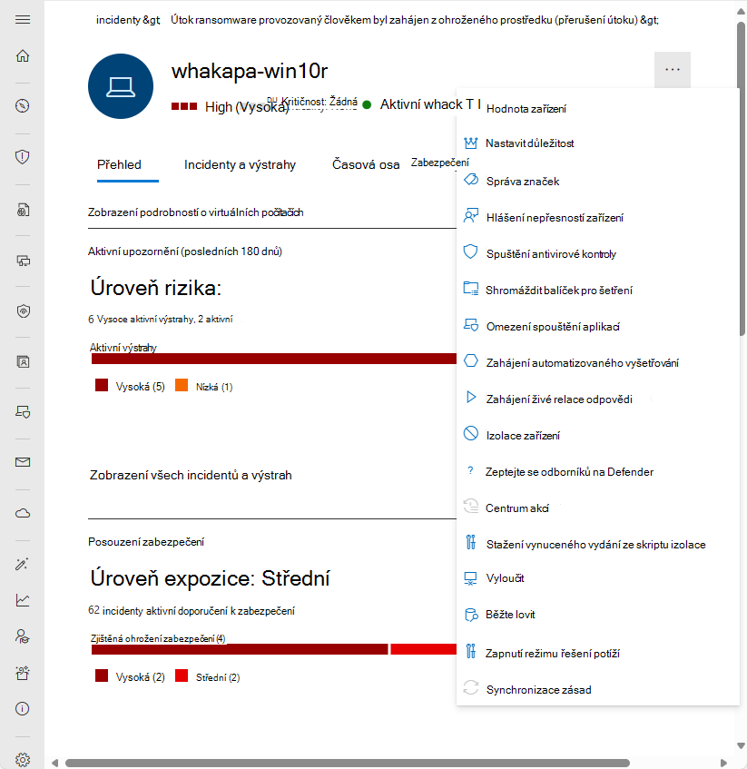 Snímek obrazovky s panelem akcí pro stránku entity zařízení na portálu Microsoft Defender