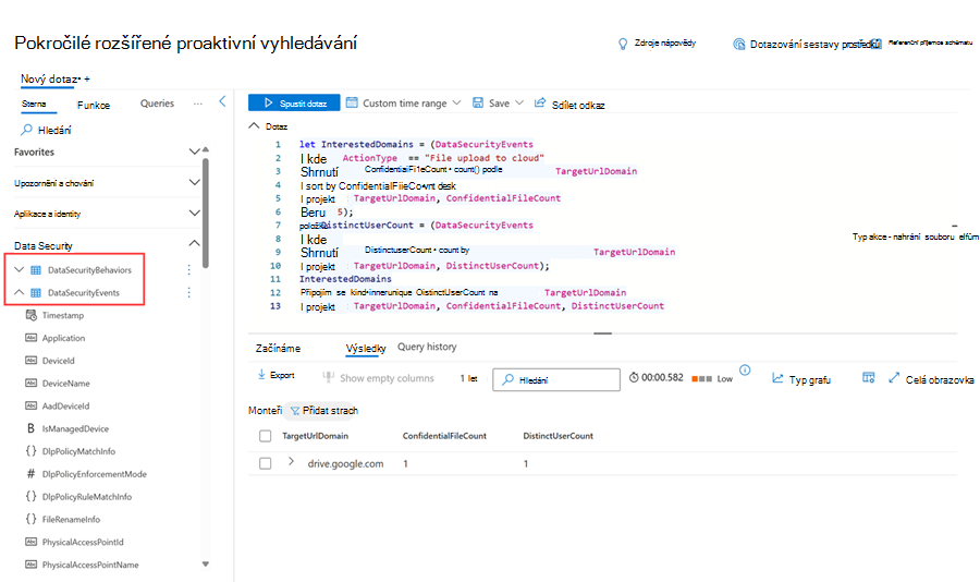 Stránka rozšířeného proaktivního vyhledávání zobrazující dotaz s tabulkami souvisejícími s chováním a událostmi insiderských rizik