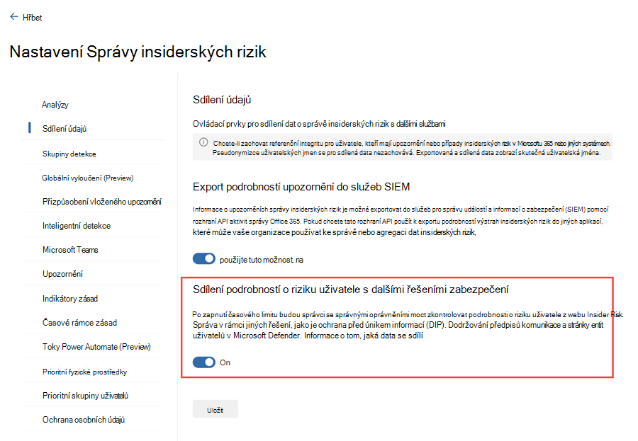 Zvýraznění nastavení na portálu Microsoft Purview vyžadované pro upozornění na insidery, která se mají zobrazovat v Defender XDR.