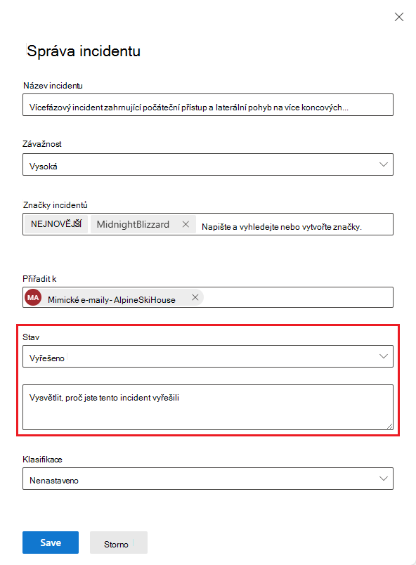 Snímek obrazovky panelu pro správu incidentů s poznámkou k řešení incidentu
