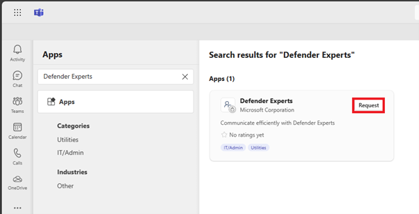 Snímek obrazovky s žádostí o aplikaci Defender Experts v Microsoft Teams