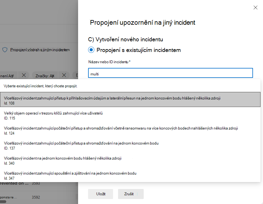 Snímek obrazovky s výběrem existujícího incidentu, na který se má upozornění přesunout