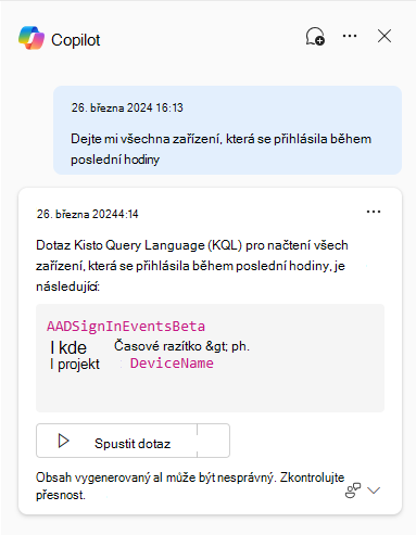 Snímek obrazovky s tlačítkem Copilot a možností Spustit dotaz
