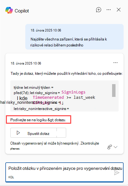 Snímek obrazovky s tlačítkem Copilot zobrazující logiku dotazu