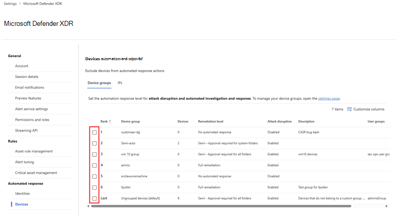 Karta Skupiny zařízení v nastavení automatizované odpovědi pro přerušení útoku
