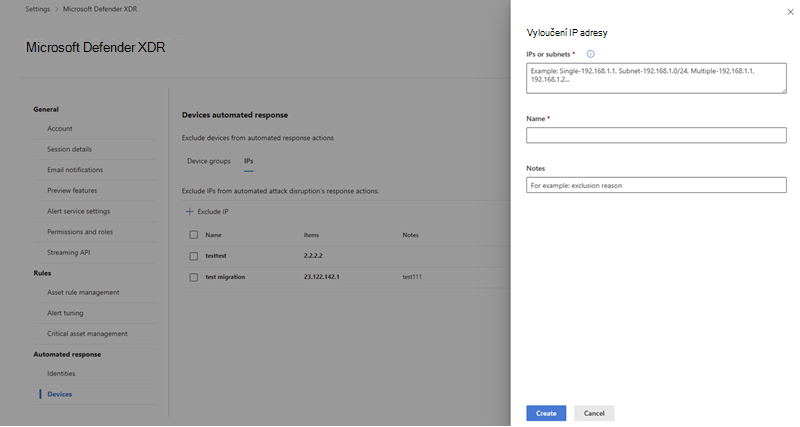 Podokno informačního rámečku při přidávání IP adres, které se mají vyloučit v nastavení automatizované odpovědi pro přerušení útoku
