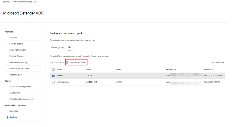 Zvýraznění možnosti odebrání při odebrání vyloučené IP adresy na kartě IP v nastavení automatizace přerušení útoku
