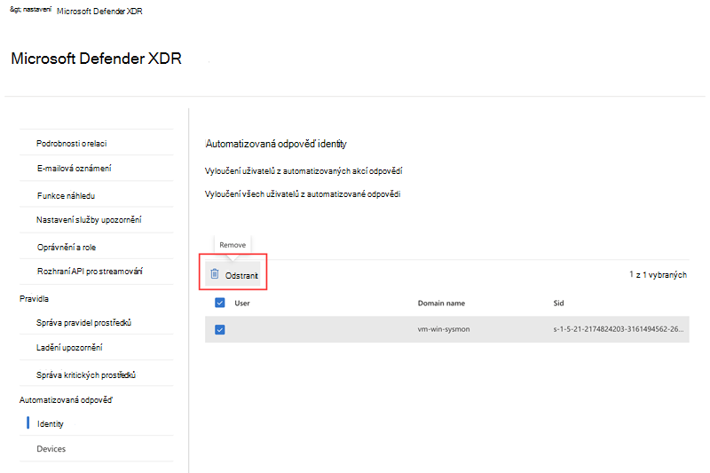Zvýraznění možnosti odebrání při odebrání vyloučeného uživatele na stránce Identity of attack disruption automation settings