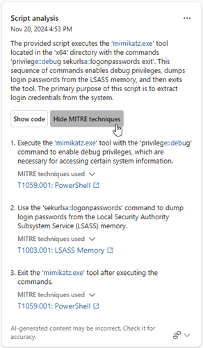 Snímek obrazovky se zvýrazněnou možností zobrazit nebo skrýt techniky MITRE ve výsledcích analýzy skriptů