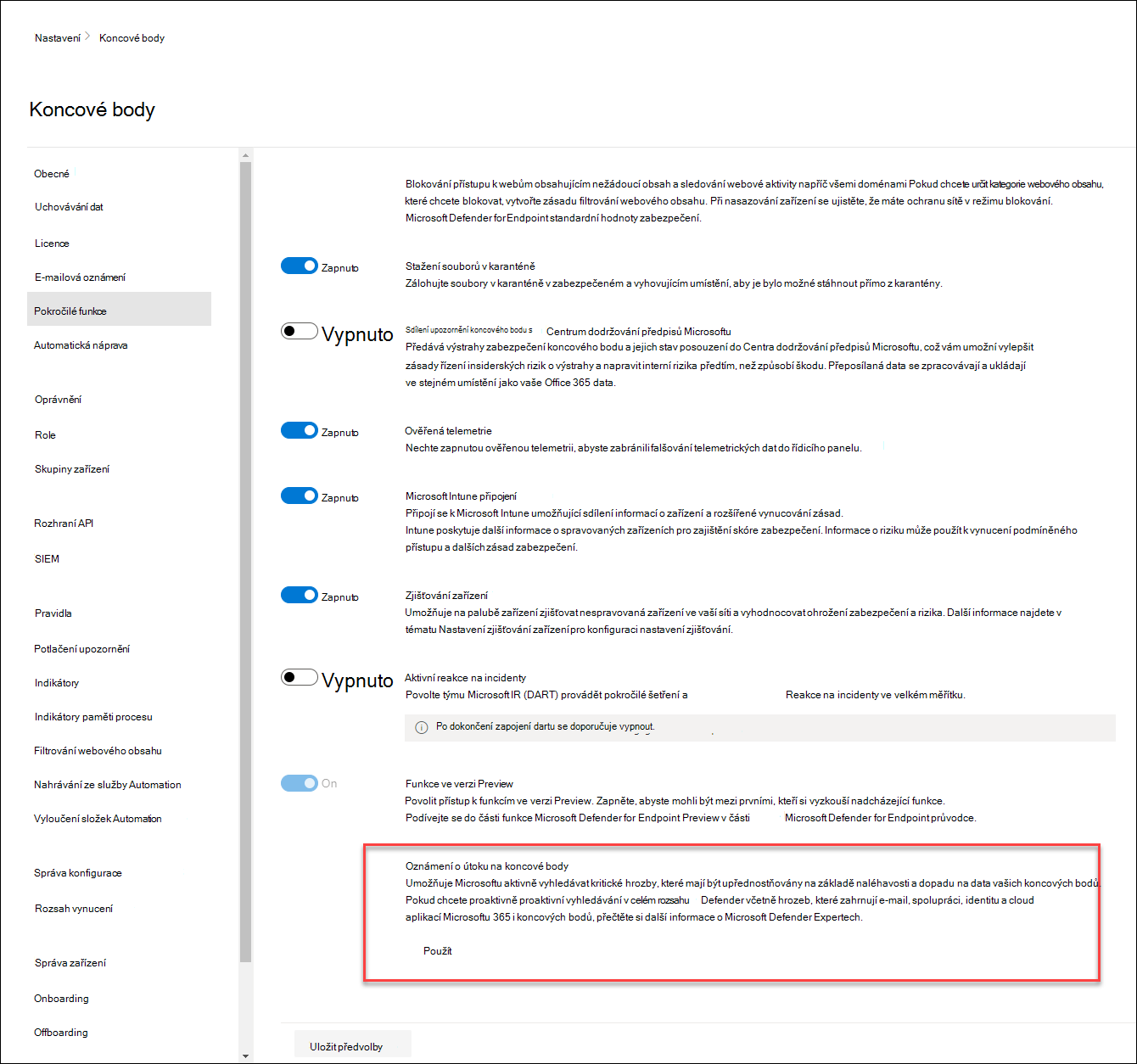 Povolení oznámení o útoku koncových bodů na portálu 365 Defender