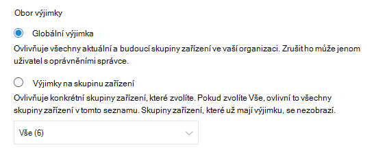 Zobrazuje se možnost globální výjimky.