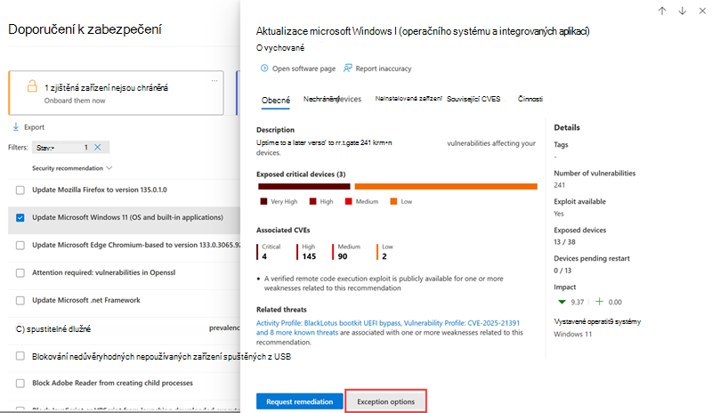 Zobrazení umístění možností výjimky v informačním rámečku doporučení zabezpečení