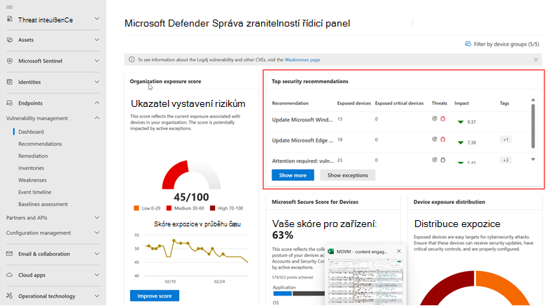 Snímek obrazovky řídicího panelu pro správu ohrožení zabezpečení se zvýrazněnými doporučeními zabezpečení