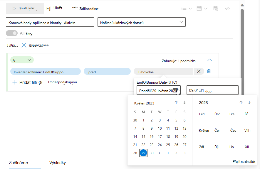 Snímek obrazovky s hodnotami datetime jako třetí podmínkou