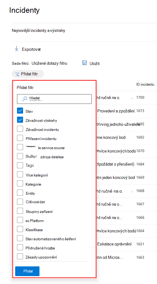 Podokno Filtry pro frontu incidentů na portálu Microsoft Defender.