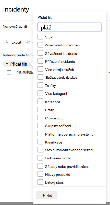 Podokno Filtry pro frontu incidentů na portálu Microsoft Defender.
