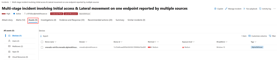 Stránka Prostředky pro incident na portálu Microsoft Defender