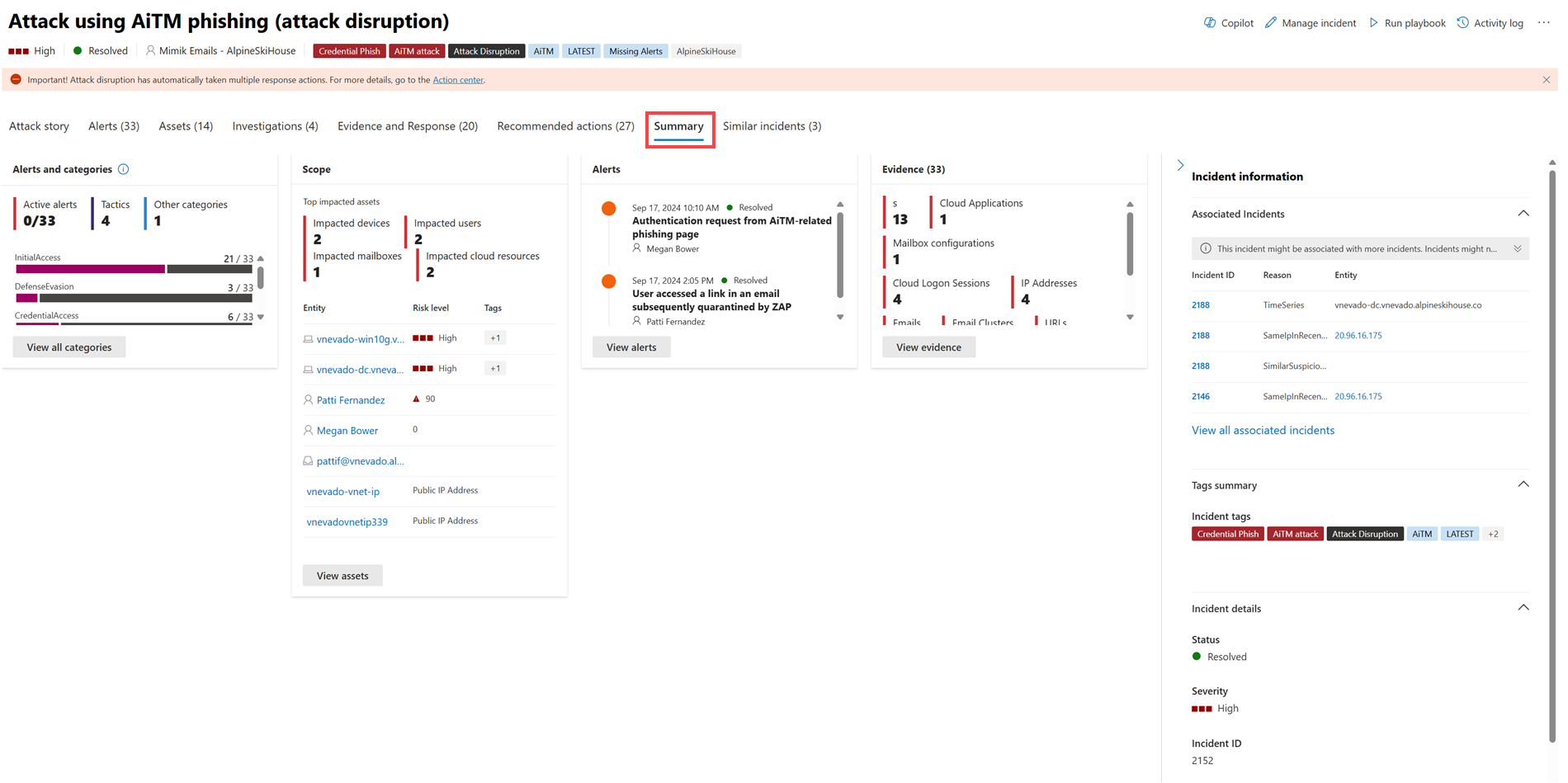 Snímek obrazovky se souhrnnými informacemi o incidentu na portálu Microsoft Defender