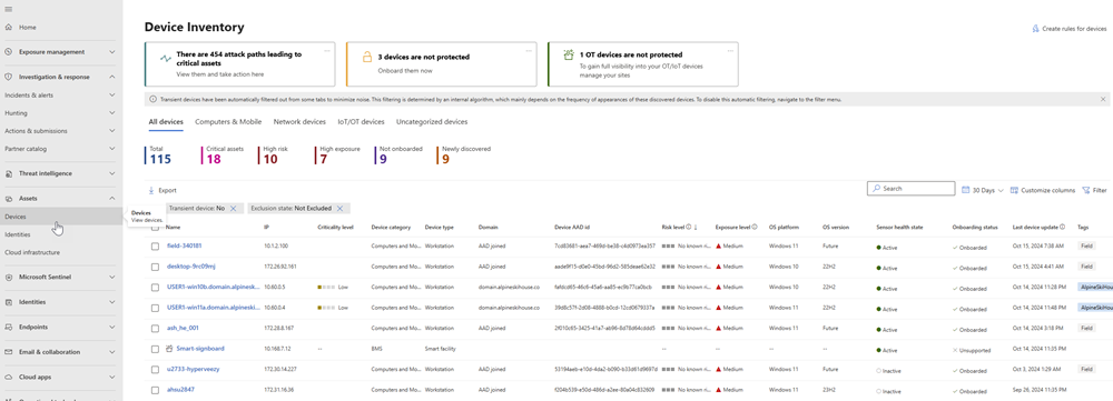 Snímek obrazovky se stránkou Inventář zařízení na portálu Microsoft Defender