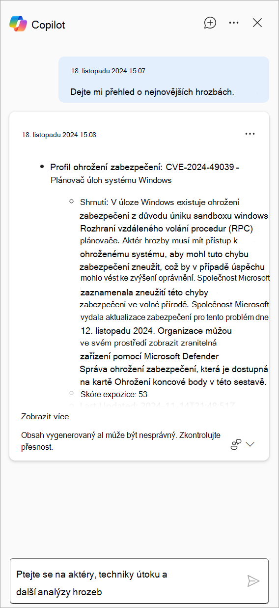 Snímek obrazovky znázorňující odpověď vygenerovanou službou Copilot v programu Defender