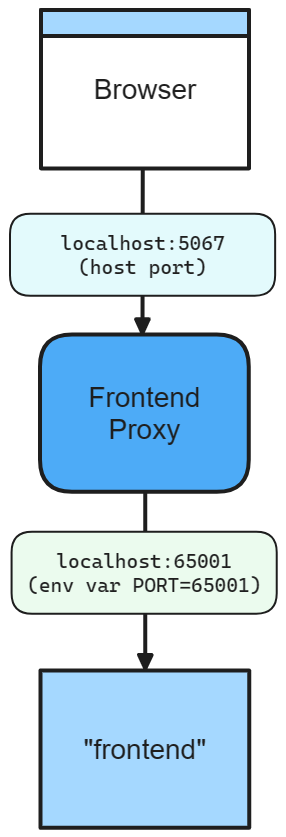 .NET.NET Aspire diagram síťových aplikací front-endu s konkrétním portem hostitele a portem proměnné prostředí.