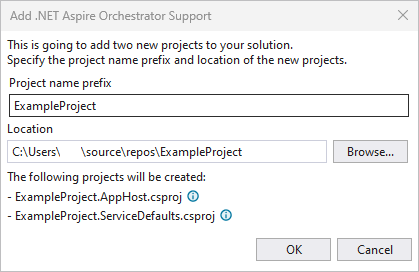 snímek obrazovky zobrazující souhrn přidané orchestrace Visual Studio.NET Aspire