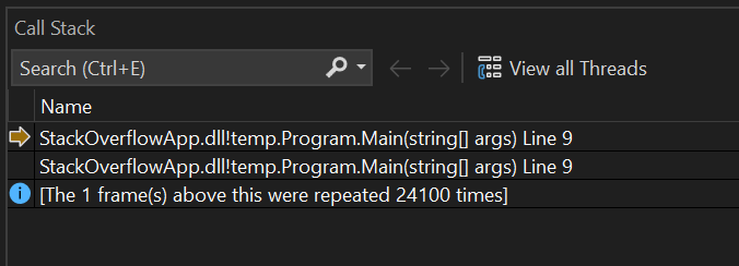 zásobník volání StackOverflow sady Visual Studio.