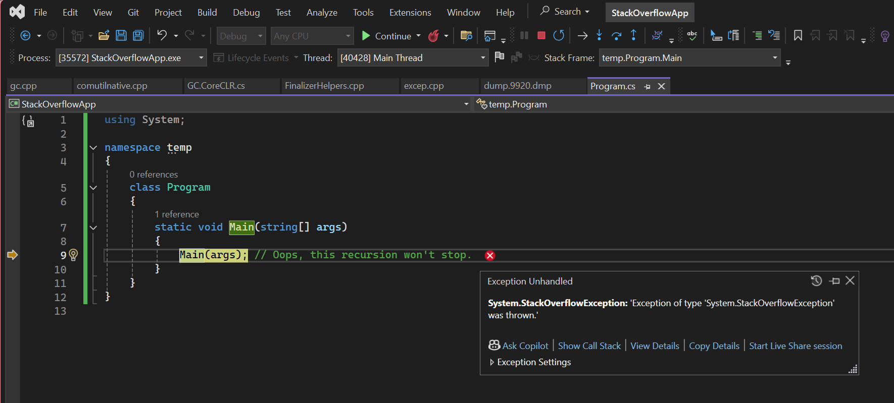 dialogové okno StackOverflowException sady Visual Studio.