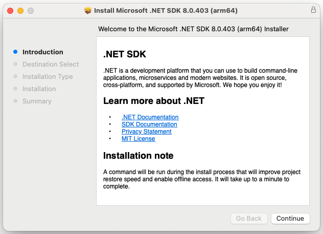 Snímek obrazovky zobrazující jenom instalační program .NET spuštěný v systému macOS