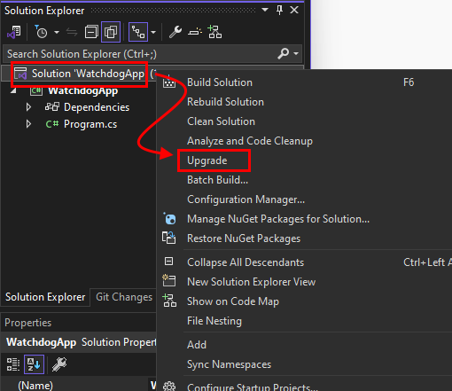 Okno Průzkumník řešení v sadě Visual Studio zobrazující místní nabídku řešení. Položka nabídky Upgradovat je zvýrazněná.