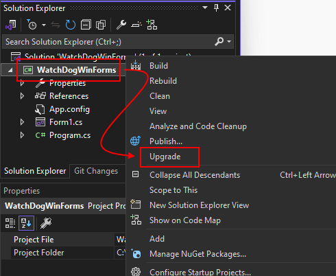 Okno Průzkumník řešení v sadě Visual Studio zobrazující místní nabídku projektu. Položka nabídky Upgradovat je zvýrazněná.