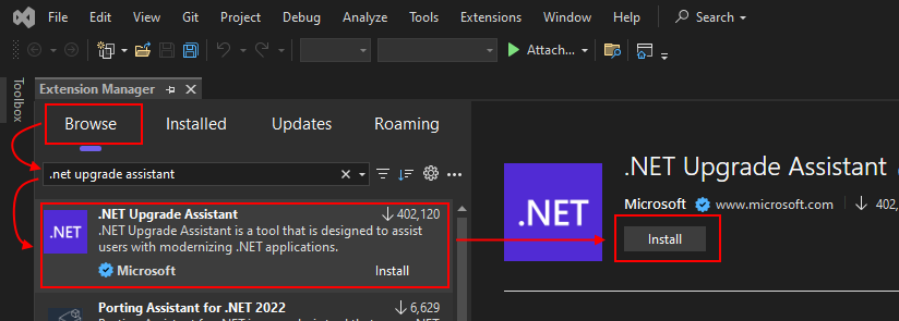 Okno spravovat rozšíření v sadě Visual Studio zobrazující pomocníka pro upgrade platformy .NET.