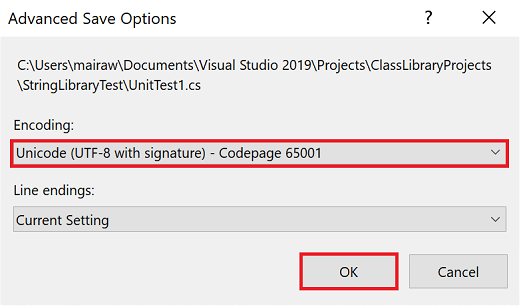 Dialogové okno rozšířených možností uložení Visual Studio