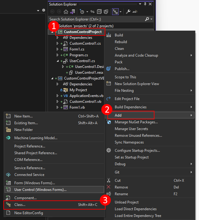 kliknutím pravým tlačítkem na průzkumníka řešení sady Visual Studio přidáte uživatelský ovládací prvek do projektu Windows Forms