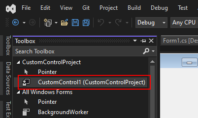 okno nástrojů Visual Studio pro Windows Forms, které zobrazuje vlastní ovládací prvek.