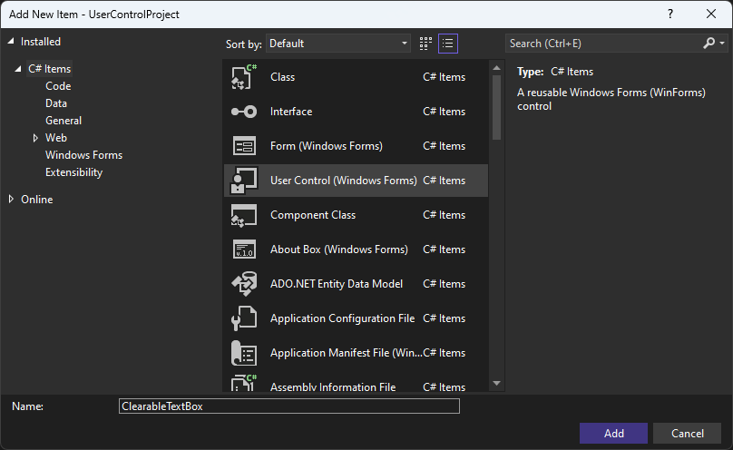 Dialogové okno Přidat položku v sadě Visual Studio pro model Windows Forms