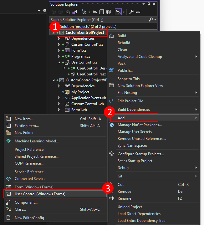 kliknutím pravým tlačítkem na průzkumníka řešení sady Visual Studio přidáte uživatelský ovládací prvek do projektu Windows Forms