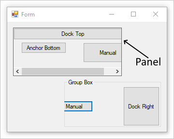 Formulář Windows s panelem a polem skupiny