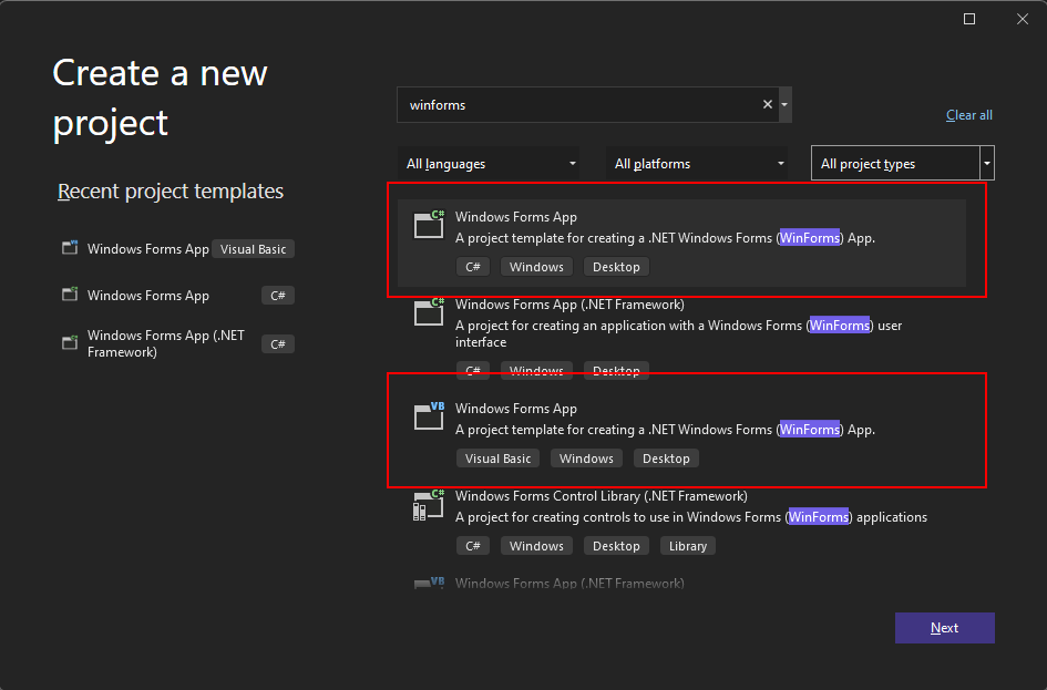 Vyhledejte šablonu model Windows Forms v sadě Visual Studio 2022 pro .NET.