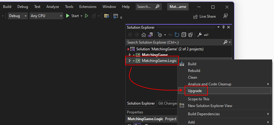 Snímek obrazovky s položkou nabídky Upgrade Pomocníka pro upgrade platformy .NET v sadě Visual Studio