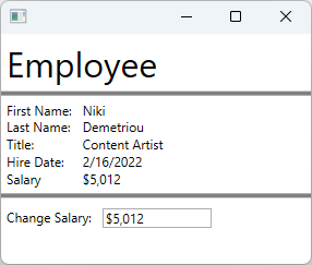 Okno WPF, které zobrazuje podrobnosti o zaměstnanci, například jméno, příjmení, titul, datum přijetí a plat.