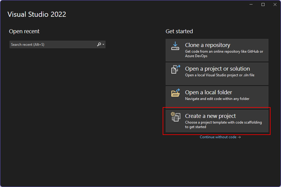 Snímek obrazovky s dialogovým oknem Start ze sady Visual Studio 2022 Tlačítko Vytvořit nový projekt je zvýrazněné červeným rámečkem.