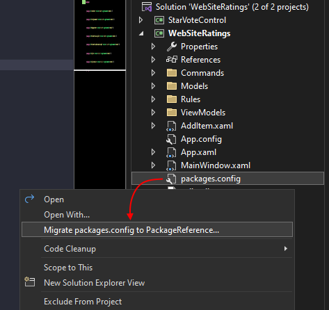 místní nabídce Průzkumníka řešení v sadě Visual Studio zobrazující položku Migrovat packages.config.