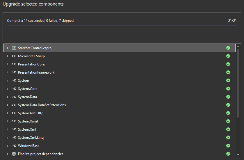 Karta výsledků asistentu upgradu .NET, která ukazuje, že 7 z 21 položek bylo přeskočeno.