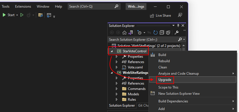 položka upgradu v Nástroji pro upgrade .NET v sadě Visual Studio.