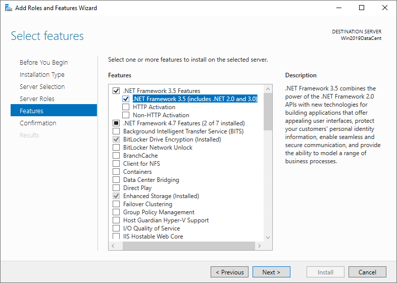 dialogové okno Průvodce přidáním rolí a funkcí z Windows Serveru. Je vybráno rozhraní .NET Framework 3.5.