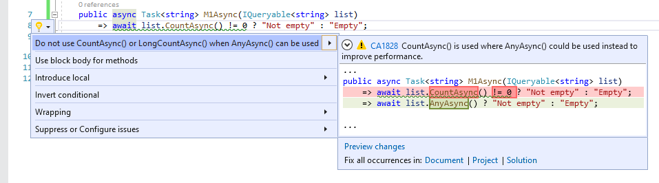 Oprava kódu pro CA1828 – Nepoužívejte CountAsync() nebo LongCountAsync(), když je možné použít AnyAsync()